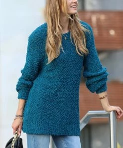 42POPS | Teal Popcorn-Texture Crewneck Bishop-Sleeve Sweater - Women