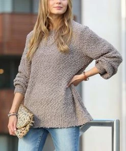 42POPS | Ash Mocha Popcorn-Texture Crewneck Bishop-Sleeve Sweater - Women