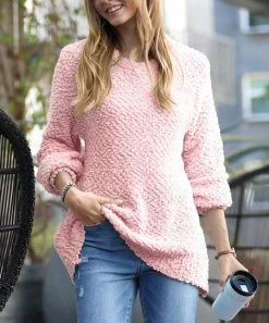 42POPS | Dusty Pink Popcorn-Texture Crewneck Bishop-Sleeve Sweater - Women