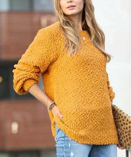 42POPS | Golden Mustard Popcorn-Texture Crewneck Bishop-Sleeve Sweater - Women & Plus