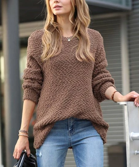 42POPS | Mocha Popcorn-Texture Crewneck Bishop-Sleeve Sweater - Women