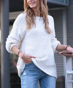 42POPS | Bone Popcorn-Texture Crewneck Bishop-Sleeve Sweater - Women