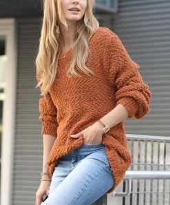 42POPS | Almond Popcorn-Texture Crewneck Bishop-Sleeve Sweater - Women