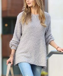 42POPS | Light Gray Popcorn-Texture Crewneck Bishop-Sleeve Sweater - Women
