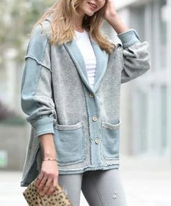 42POPS | Blue Gray Mineral Wash Distressed Pocket Button-Up Jacket - Women