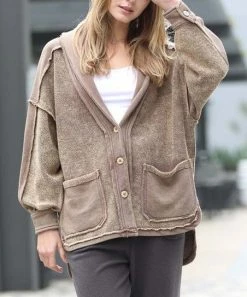 42POPS | Mocha Mineral Wash Distressed Pocket Button-Up Jacket - Women