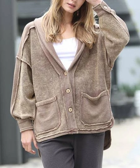 42POPS | Mocha Mineral Wash Distressed Pocket Button-Up Jacket - Women