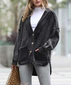 42POPS | Ash Gray Mineral Wash Distressed Pocket Button-Up Jacket - Women