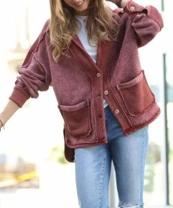 42POPS | Dark Rust Mineral Wash Distressed Pocket Button-Up Jacket - Women