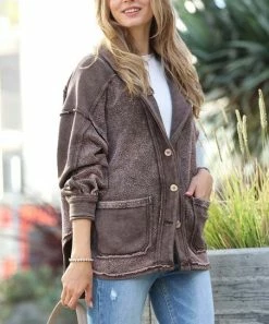 42POPS | Brown Mineral Wash Distressed Pocket Button-Up Jacket - Women