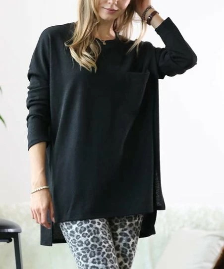 42POPS | Black Crewneck Long-Sleeve Hi-Low Tunic - Women