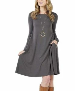 42POPS | Ash Gray Crewneck Long-Sleeve Pocket Shift Dress - Women