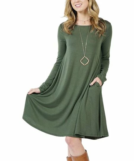 42POPS | Army Green Crewneck Long-Sleeve Pocket Shift Dress - Women