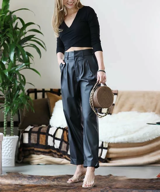 42POPS | Black Pleat-Front Pocket Straight-Leg Pants - Women - Image 2