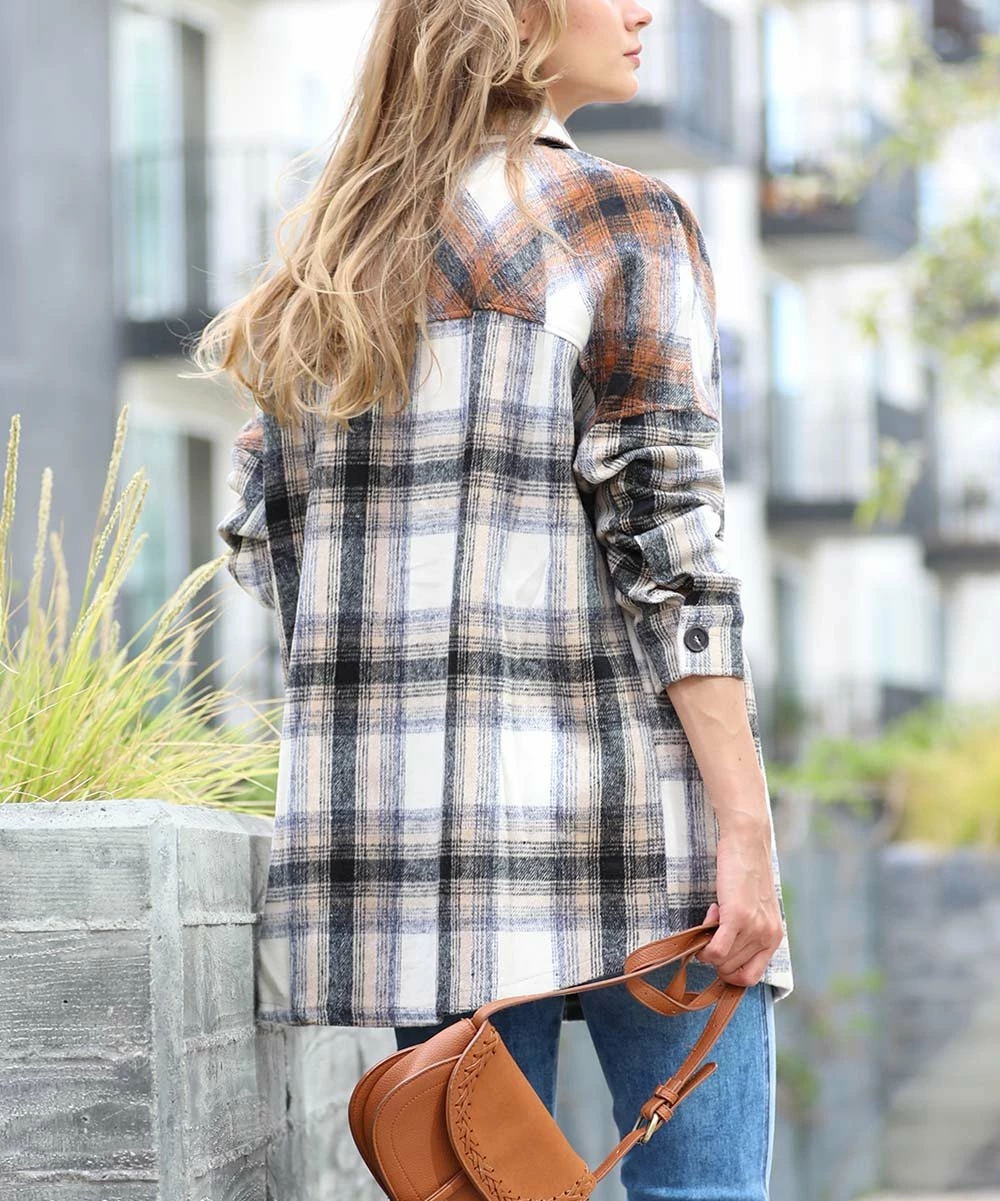 42POPS | Camel & Rust Color Block Plaid Pocket Oversize Shacket - Women - Image 2