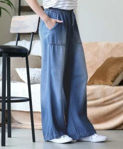 42POPS | Dark Chambray Drawstring Pocket Wide-Leg Pants - Women