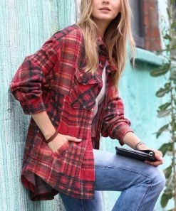 42POPS | Burgundy Plaid Jacquard Pocket Oversize Shacket - Women