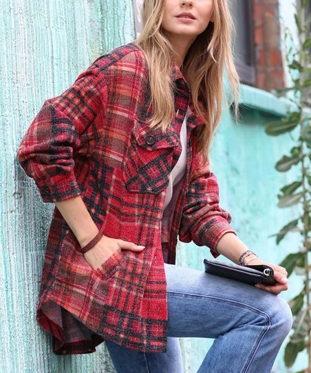 42POPS | Burgundy Plaid Jacquard Pocket Oversize Shacket - Women