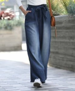 42POPS | Midnight Blue Tie-Waist Pocket Wide-Leg Paper Bag Pants - Women