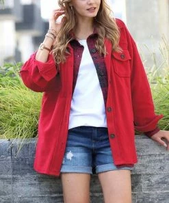 42POPS | Dark Red Elbow-Patch Pocket Oversize Fleece Shacket - Women