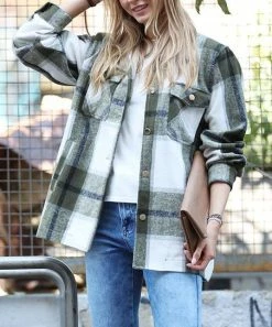 42POPS | Dark Olive Plaid Pocket Oversize Shacket - Women