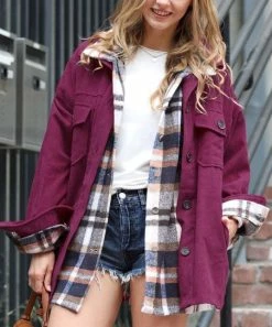 42POPS | Dark Plum Corduroy Curved-Hem Pocket Oversize Shacket - Women