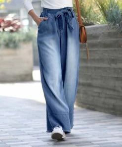 42POPS | Dark Blue Tie-Waist Pocket Wide-Leg Paper Bag Pants - Women