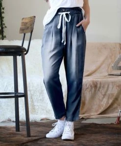 42POPS | Midnight Blue Chambray Drawstring Pocket Paper Bag Pants - Women