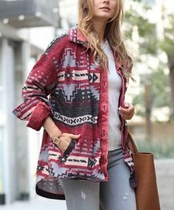 42POPS | Burgundy Geometric Pocket Shacket - Women