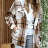 42POPS | Camel Plaid Drawstring Pocket Hooded Shacket - Women