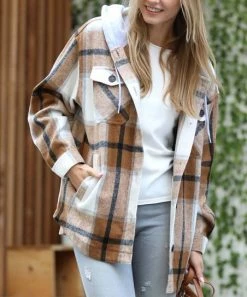 42POPS | Camel Plaid Drawstring Pocket Hooded Shacket - Women