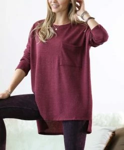42POPS | Dark Burgundy Crewneck Long-Sleeve Hi-Low Tunic - Women