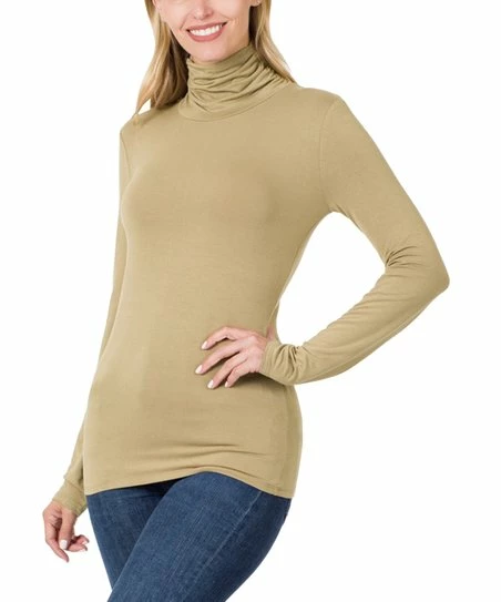 42POPS | Khaki Mock Neck Long-Sleeve Top - Women