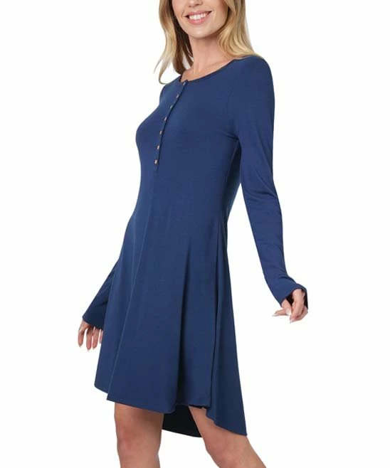 42POPS | Light Navy Button-Accent Long-Sleeve Hi-Low Shift Dress - Women - Image 2