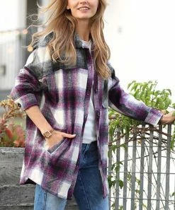 42POPS | Eggplant & Olive Color Block Plaid Pocket Oversize Shacket - Women