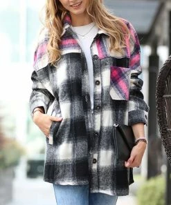 42POPS | Black & Magenta Color Block Plaid Pocket Oversize Shacket - Women