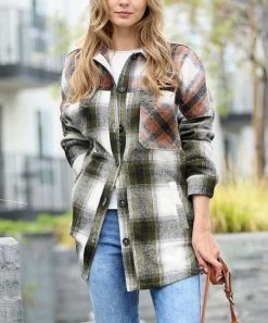 42POPS | Olive & Rust Color Block Plaid Pocket Oversize Shacket - Women