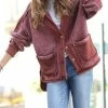 42POPS | Dark Rust Terry Button-Front Pocket Heavy Jacket - Women