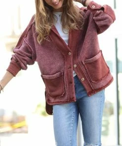 42POPS | Dark Rust Terry Button-Front Pocket Heavy Jacket - Women