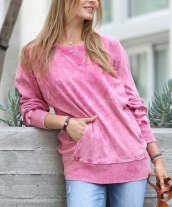 42POPS | Ash Pink Acid Wash Boatneck Pocket Sweatshirt - Women