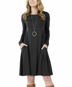42POPS | Black Crewneck Long-Sleeve Pocket Shift Dress - Women