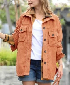 42POPS | Butter Orange Corduroy Curved-Hem Pocket Oversize Shacket - Women