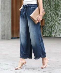 42POPS | Midnight Chambray Tie-Waist Pocket Wide-Leg Crop Pants - Women