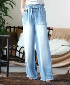 42POPS | Light Chambray Tie-Waist Pocket Wide-Leg Paper Bag Pants - Women