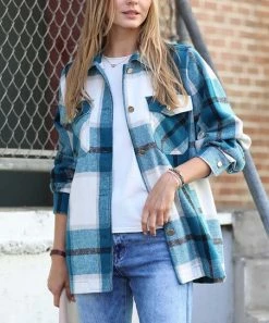 42POPS | Teal Plaid Pocket Oversize Shacket - Women