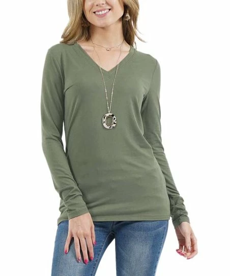 42POPS | Light Olive V-Neck Long-Sleeve Top - Women