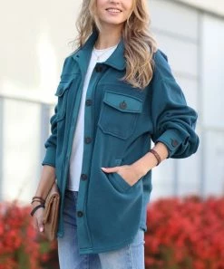 42POPS | Teal Pocket Button-Up Fleece Shacket - Women