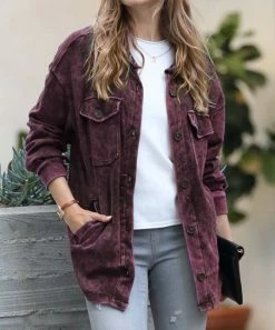 42POPS | Dark Burgundy Mineral Wash Pocket Shacket - Women