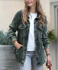 42POPS | Army Green Mineral Wash Pocket Shacket - Women