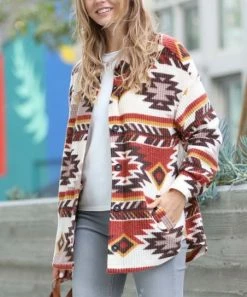 42POPS | Cream Geometric Waffle Pocket Oversize Shacket - Women